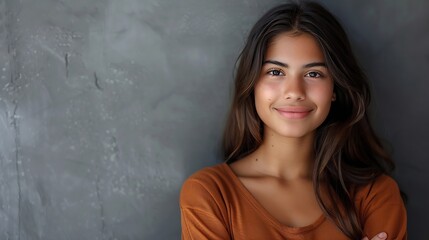 Fototapeta premium Portrait of a young latin woman with pleasant smile and crossed arms isolated on grey wall with copy space Beautiful girl with folded arms looking at camera against grey wall Cheerful : Generative AI