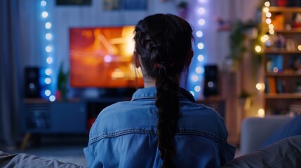 Obraz premium Woman seeing videogame gameplay footage uploaded online by pro streamer Gamer girl sitting at home enjoying time off from work looking up game info before deciding to buy it : Generative AI
