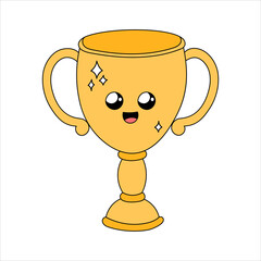 Cute winner cup vector doodle illustration. Golden prize, award for first place. Smiling champion cup character with face. Golden goblet outline hand drawn isolated element