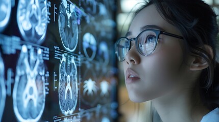 Big data AI coding screen for asian future health care smart tech IT solution Asia team woman people code analyst job work on science project Lung Xray scanner medtech tools meeting ta : Generative AI