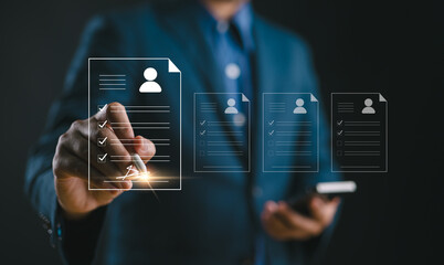 HR Human resource concept. businessman signing an e-document online employee evaluation form for employee recruitment or pass job assessment test. Recruit employees and job interview. resume document.