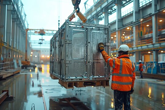 Industrial contractor safely lowering load with large crane hook at indoor construction site