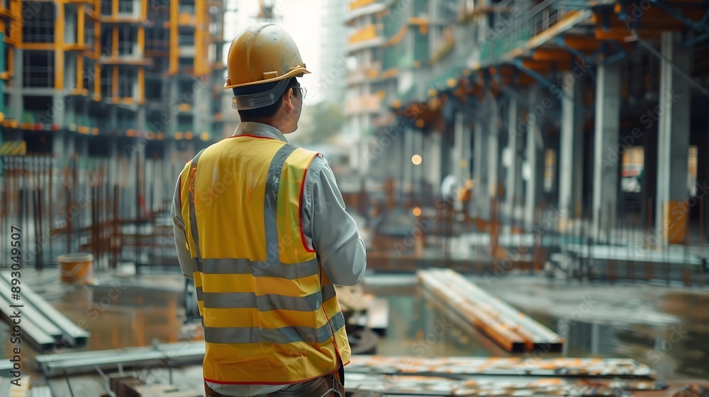 Poster Man checking work process on construction site working : Generative AI