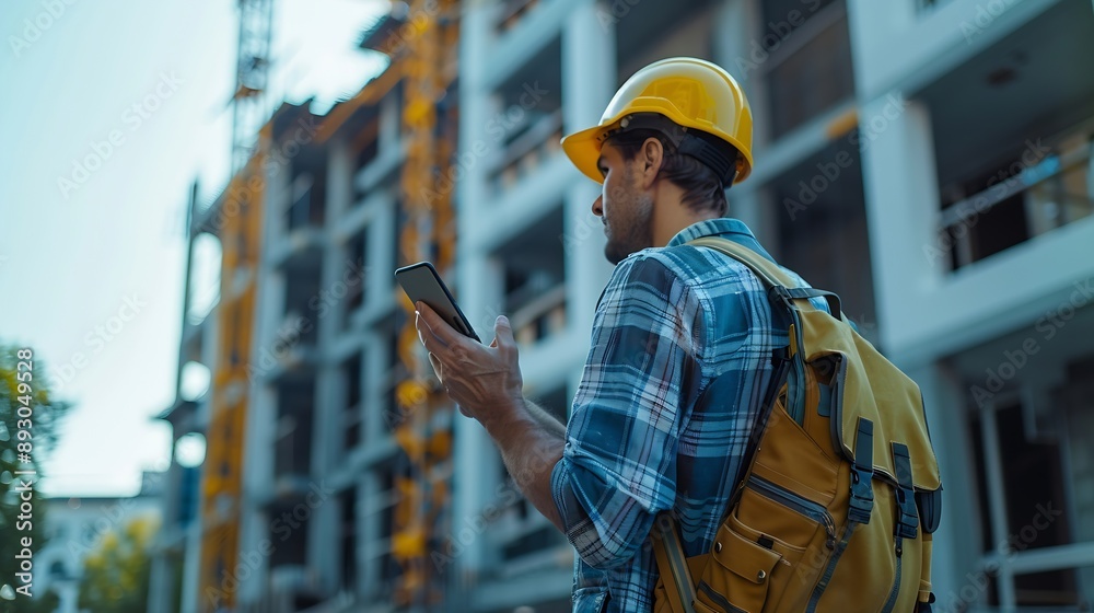 Poster Construction engineer using mobile smart phone on site during inspection selective focus : Generative AI
