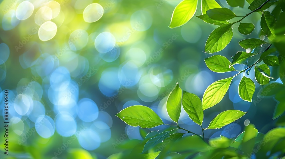Aufkleber summer background of blue and green blurred foilage and sky with bright bokeh blurry abstract summer
