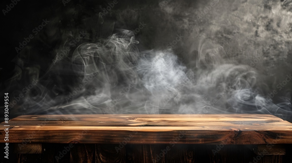 Aufkleber On a black background an empty wooden table with smoke floats up Empty space for displaying your products with a smoke float up on a dark background Space available for displaying your : Generative AI