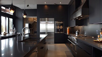Chic black kitchen featuring clean lines, stainless steel fixtures, and a minimalist design