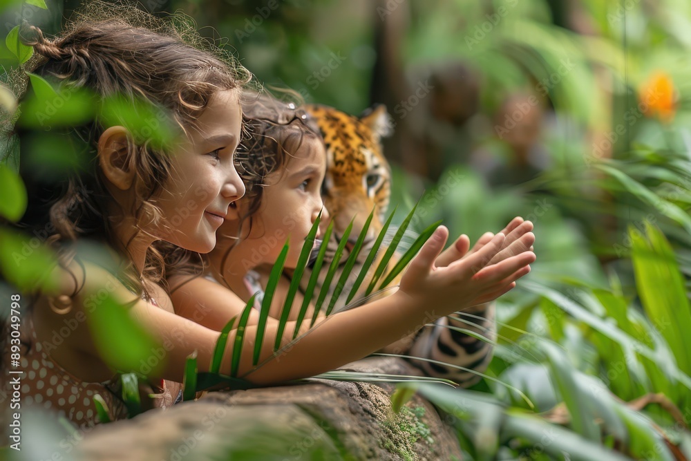 Wall mural happy family day out: diverse adopted children delight at the zoo with parents