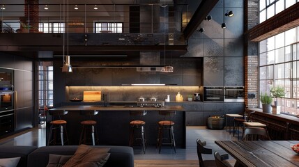 Contemporary loft kitchen with sleek, dark cabinetry, metal accents, and a spacious, open layout.