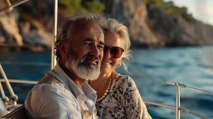 Fototapeta premium Romantic vacation and luxury travel Senior loving couple sitting on the yacht deck Sailing the river : Generative AI