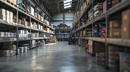 Large industrial warehouse Tall metal shelves filled with various boxes and containers : Generative AI
