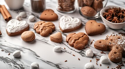 Fototapeta premium Ingredients and shapes for baking cookies on marble table Concept cooking with love cooking for your loved ones baking for valentines day Top view Copy space : Generative AI