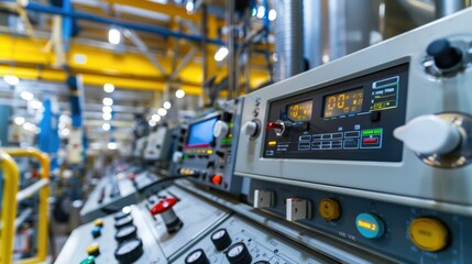 Control panel with digital displays and switches in a factory