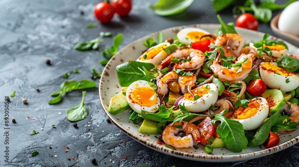 Poster Healthy salad with squid and avocado on white plate with harsh shadows Calamari salad with vegetables and eggs on white background with shadows of leaves Summer food menu : Generative AI