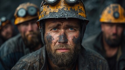 Fototapeta premium Dirty Miners with Hard Hats. Group of miners with dirt-covered faces and hard hats, looking determined and exhausted from their work.