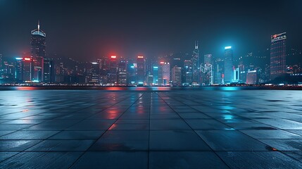 Empty square floors and city skyline with buildings in Zhoushan at night Zhejiang China : Generative AI