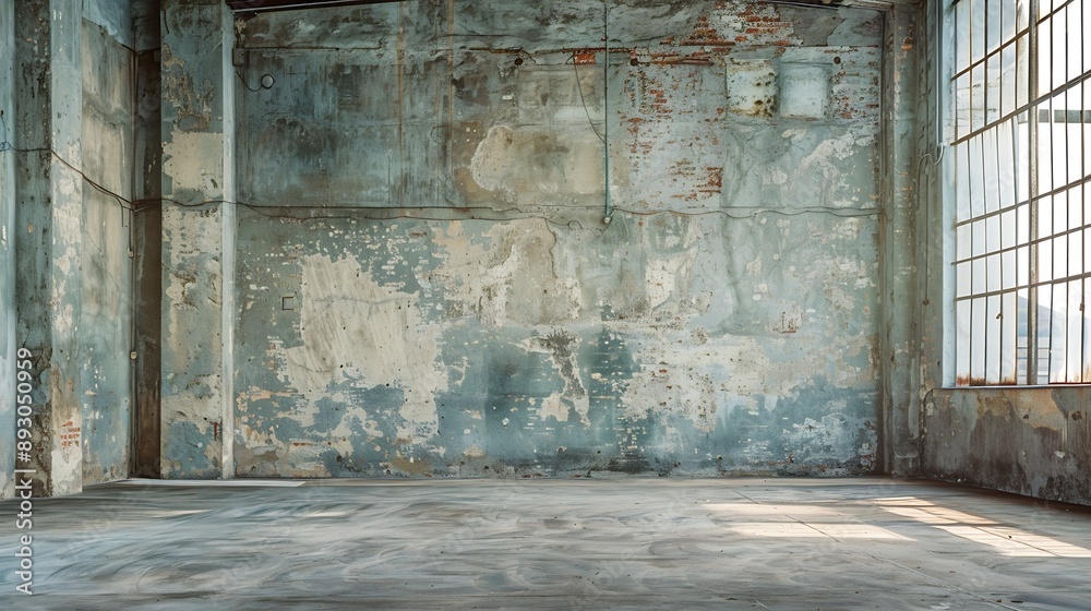Poster empty warehouse room with grungy stucco concrete wall floor room as background corner of old grunge 