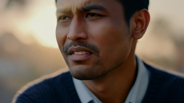 Close-up: Man laughs heartily, eyes crinkled with joy. Warm lighting illuminates his expressive face, capturing genuine emotion. Navy sweater frames vibrant smile.	