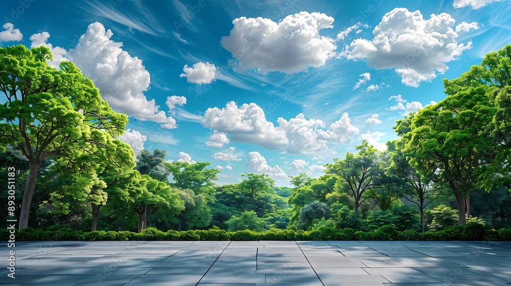 Fototapete Empty square floor and green forest with sky clouds background Panoramic view : Generative AI