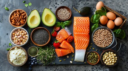 Health food collection to combat bipolar disorder and manic depression with foods high in omega 3 protein vitamins selenium magnesium serotonin and tryptophan Flat lay : Generative AI