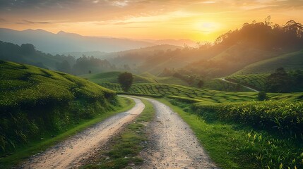 Fototapeta premium Country road and green tea plantation natural landscape at sunset : Generative AI