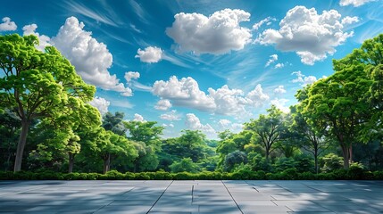 Empty square floor and green forest with sky clouds background Panoramic view : Generative AI