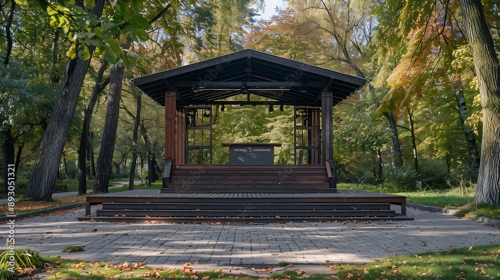 Aufkleber Empty open air stage in a park with a sound projecting roof Akniste Latvia : Generative AI
