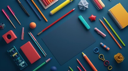 School supplies on dark blue background, Back to school concept
