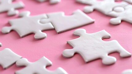 close up white jigsaw puzzle on pink background planning and manage to success business smart idea and teamwork concept : Generative AI