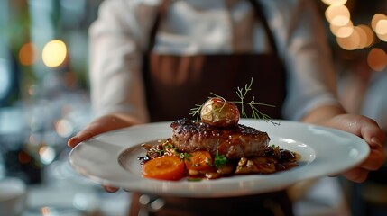 Fine dining food and waiter serving at a restaurant for a luxury valentines day or anniversary meal Formal hospitality service and server with a plate or dish for a fancy special dinne : Generative AI