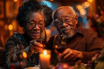 Obraz premium Loving Senior Couple Celebrating Anniversary with Intimate Home Dinner Date