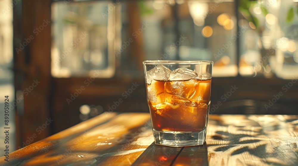 Poster iced coffee with ice cubes in a glass on the table : generative ai