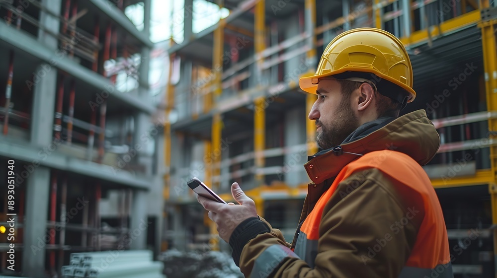 Poster Construction engineer using mobile smart phone on site during inspection selective focus : Generative AI