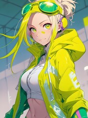 Vibrant Anime Girl in Neon Yellow Jacket, girl in a dress with headphones