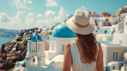 A happy tourist woman in a white summer dress looks at the blue domed church of the village of Oia Santorini Greece during her summer holidays : Generative AI