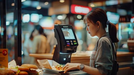 Concept of facial recognition scan used for confirming payment for food transaction at fastfood restaurant POV from terminal kiosk Emerging wearable and contactless payment technology : Generative AI