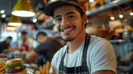 Fast Food Vendor Smiling from Behind the Counter Restaurant employee working serving customers : Generative AI