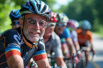 Active Senior Man Enjoying Cycling with Friends in a Healthy Lifestyle Cycling Club