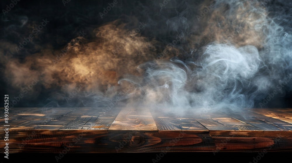 Aufkleber On a black background an empty wooden table with smoke floats up Empty space for displaying your products with a smoke float up on a dark background Space available for displaying your : Generative AI