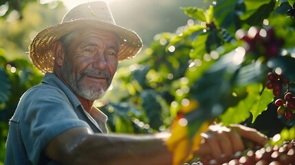 Latin man picking coffee beans on a sunny day Coffee farmer is harvesting coffee berries Brazil : Generative AI