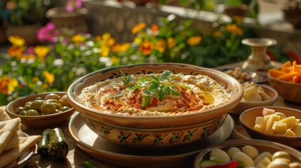 Obraz premium A Close up of a Bowl of Hummus on a Table With Other Food - Generative AI