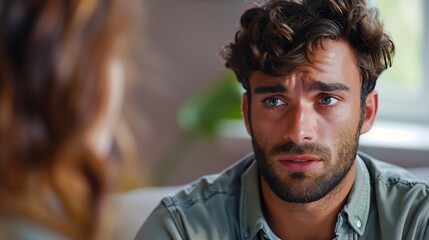 Depressed male patient having psychotherapy session with counselor at mental health clinic Man with emotional problems consulting professional therapist i comfy office Psychological he : Generative AI