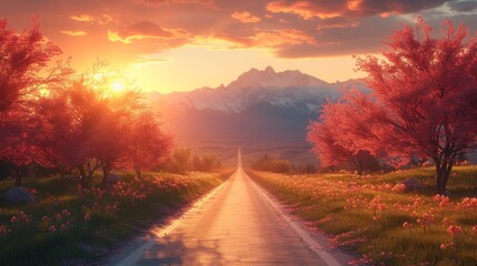 Naklejka premium A View of a Country Road With Flowers in the Foreground and Mountains in the Background - Generative AI