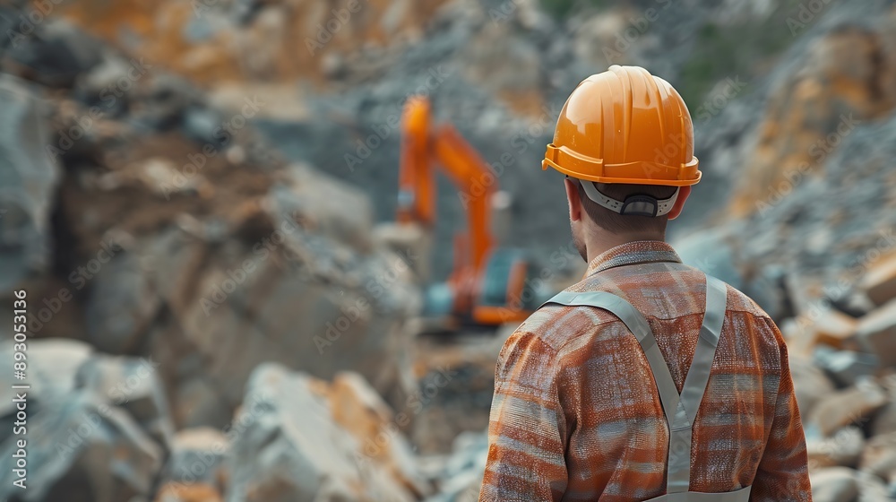 Leinwandbilder Man construction engineer wears helmet ensure safety when working in construction zone standing on pile rocks looking checking for completeness in case there is error so that it can be : Generative AI