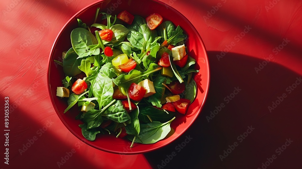 Poster vegetarian green salad on trendy red background with hard shadow green bowl with vegetables and tofu