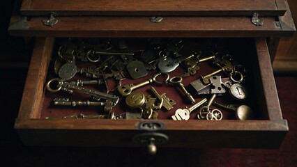  A half-open drawer revealing mysterious objects like keys, old photos