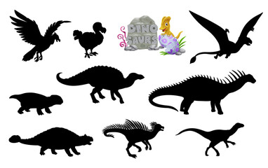 Dinosaur silhouettes, vector set of isolated black shadows of pegomastax, saichania, lystrosaurus and hypsilophodon. Dimorphodon, anatotitan, dicraeosaurus and dodo bird with argentavis dino animals © Vector Tradition