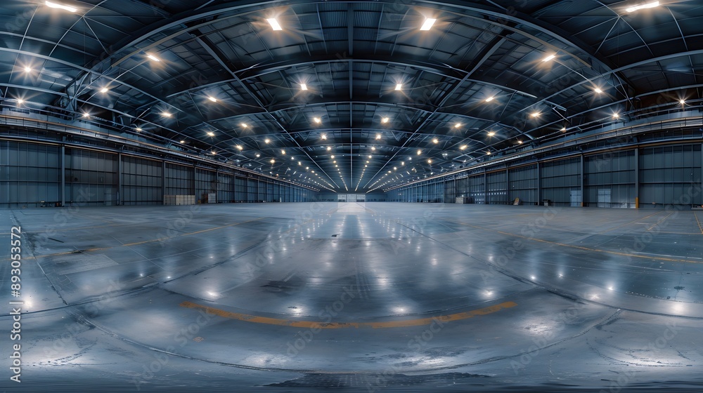 Poster full seamless spherical hdri panorama 360 degrees in interior of large empty room as warehouse hanga