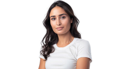 Fototapeta premium Half body portrait of a curious Egyptian archaeologist in her 30s in a white T-shirt