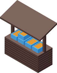 Charming wooden market stall showcasing fresh, juicy oranges in crates, ready for sale
